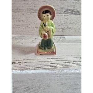 Vintage USA Pottery A602 Asian Boy Figurine Green Burgundy Glaze‎ Mid Century 5"